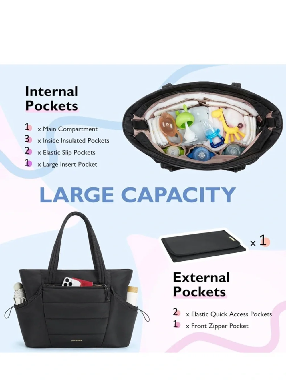 Black Women’s Baby Diaper Tote Bag with Convertible Straps